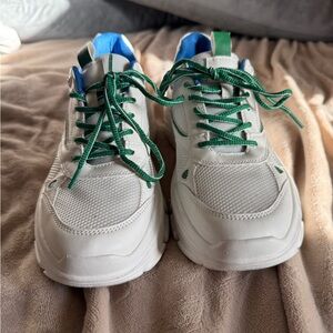 Shoe Dazzle White Sneakers with Green and Blue Accents